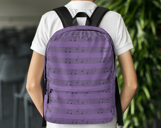 Purple Sheet Music Backpack – Music Staff Print School Bag for Choir, Band, or Music Lovers