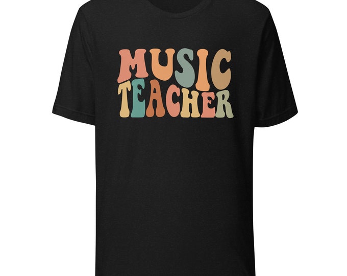 Retro Groovy Music Teacher Shirt – Bella + Canvas 3001 T-Shirt – Cute Vintage Style Gift for Music Teachers