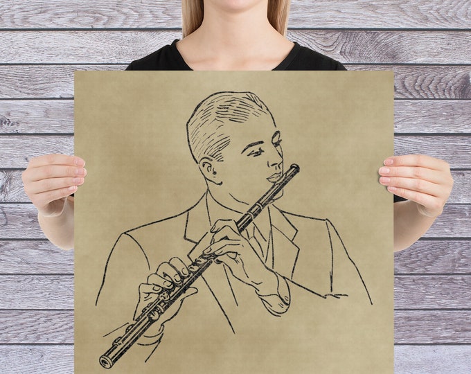 Vintage Line Art Flute Player Poster – Retro Musician Wall Art for Flutists, Music Teachers & Band Rooms