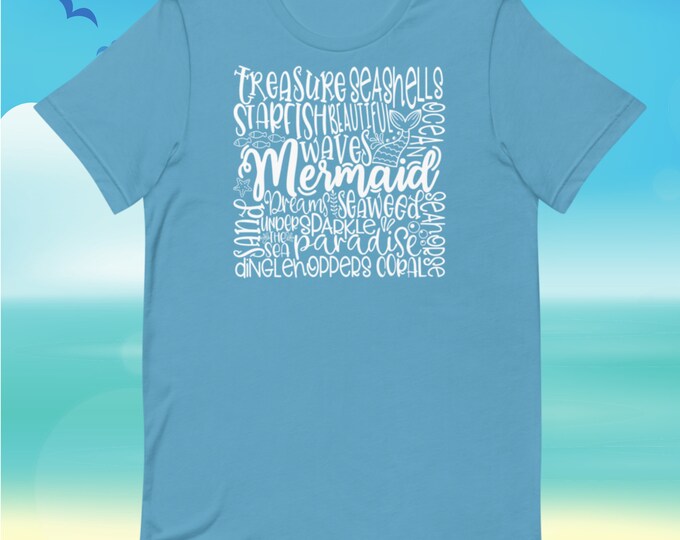 Mermaid Word Cloud T-Shirt | Ocean Lover Shirt for Beach Days & Coastal Vibes | Bella + Canvas 3001 Unisex Tee