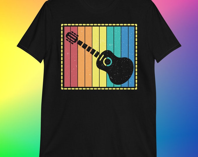 Retro Guitar T-Shirt Rainbow Stripes | Gildan 64000 Unisex Musician Tee | Vintage Guitarist Gift | Acoustic Guitar Shirt for Music Lovers