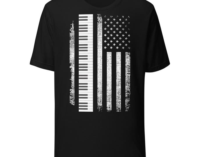 Piano American Flag Shirt – Distressed USA Flag Musician Tee for Pianists and Music Teachers