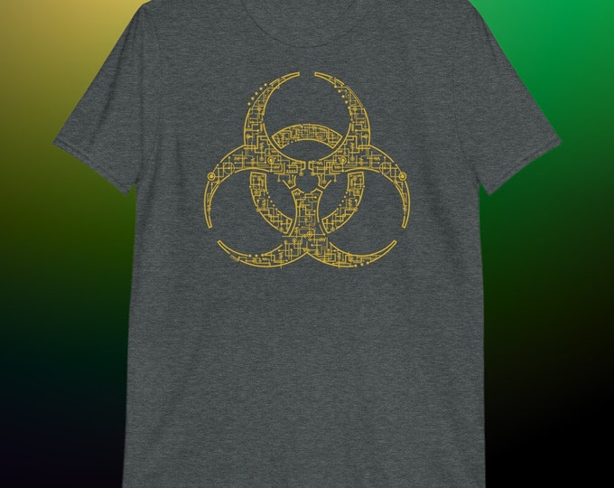 Tech Biohazard Circuit Symbol Shirt | Futuristic Digital Hazard Graphic Tee | Sci-Fi Cyberpunk Streetwear Unisex T-Shirt