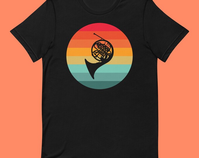 Retro French Horn Shirt – Vintage Sunset Musician Tee for Brass Players, Band Students & Music Teachers