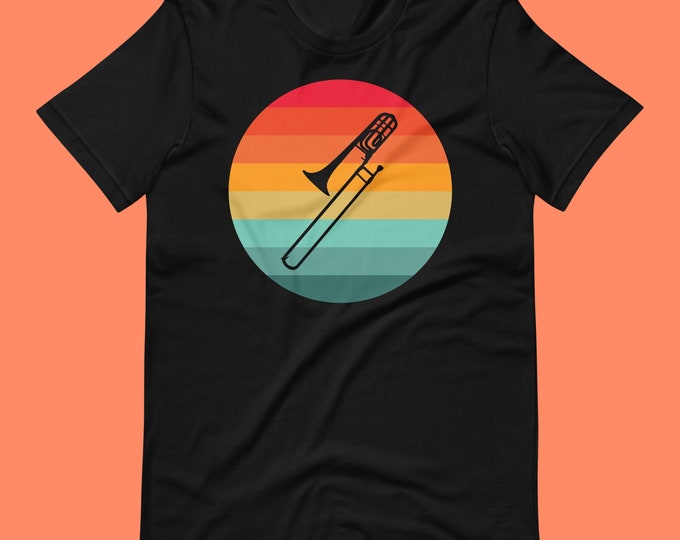 Retro Trombone Player Shirt | Vintage Rainbow Music Tee for Band Members & Brass Lovers | Bella + Canvas 3001 Music Gift Idea