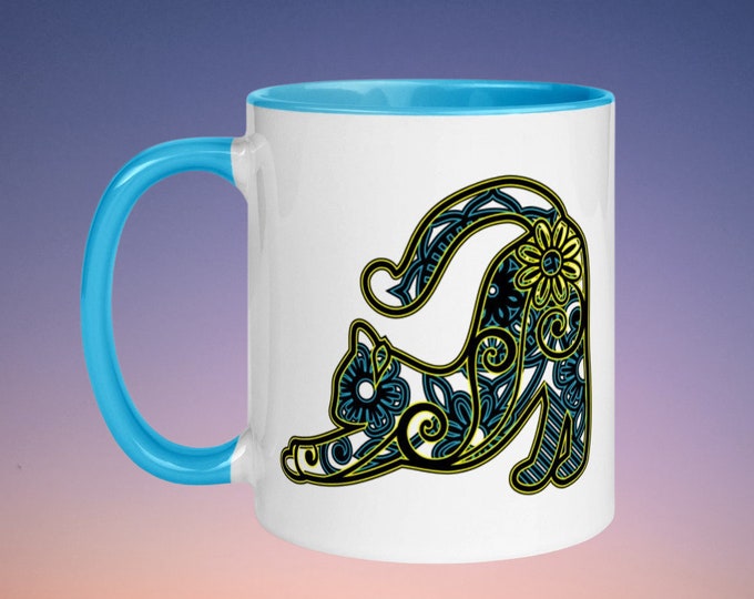 Floral Cat Stretch Mug – Boho-Inspired Artistic Coffee Cup for Cat Lovers and Yoga Fans