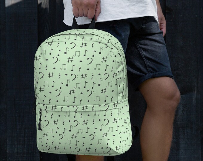 Mint Green Music Note Backpack – Cute Musician Gift, Music Teacher Bag, Sheet Music Pattern Laptop Bookbag