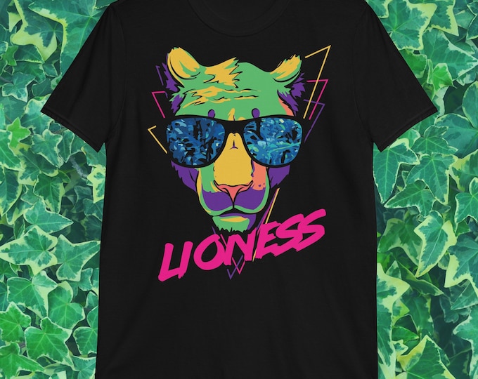 Retro Lioness Shirt for Women | Colorful Jungle Queen Tee | 80s Vaporwave Neon Lion Graphic | Gildan 64000 Unisex T-Shirt