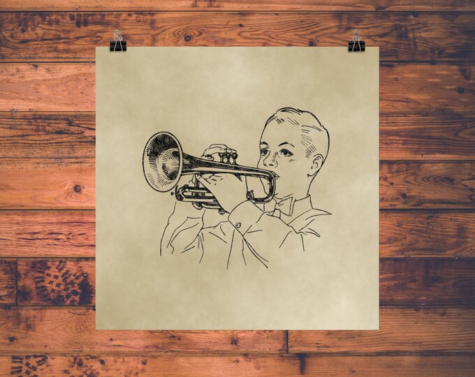 Vintage Trumpet Player Poster – Jazz Band Musician Line Art Print – Music Room Wall Decor for Brass Instrument Lovers