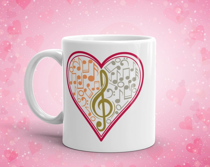 Music Heart Mug – Treble Clef and Notes Coffee Cup for Music Lovers, Band Teachers, and Choir Fans