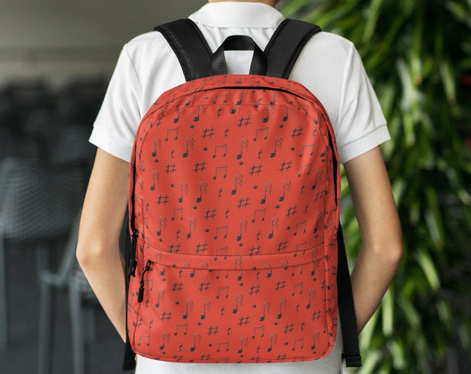 Red Music Note Backpack – Sharp Symbol Print, School Bag for Musicians, Music Teacher or Student Gift