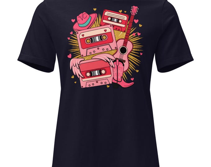 Country Music Cassette Tape T-Shirt | Retro Cowgirl Graphic Tee | Pink Western Guitar Shirt | Bella + Canvas 6400