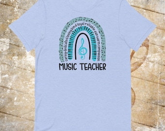Music Teacher Rainbow Shirt – Cute Appreciation Tee with Treble Clef & Piano Notes – Bella + Canvas 3001 T-Shirt