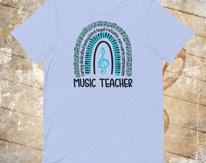 Music Teacher Rainbow Shirt – Cute Appreciation Tee with Treble Clef & Piano Notes – Bella + Canvas 3001 T-Shirt