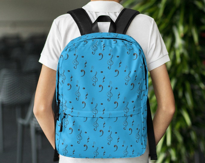 Bright Blue Music Symbols Backpack – Treble Clef & Note Pattern School Bag for Musicians, Choir, Band Students