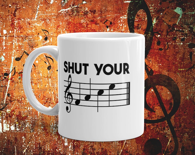 Funny Music Pun Mug – “Shut Your FACE” Treble Clef Staff Notes, Gift for Musicians, Band, Choir, or Orchestra Teachers