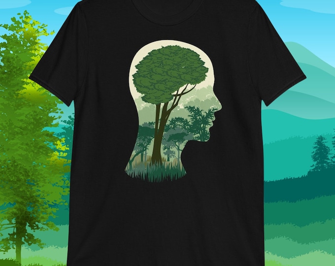 Nature Mind T-Shirt – Forest Silhouette Inside Human Head | Eco Conscious Shirt for Nature Lovers, Tree Huggers & Mindfulness Fans