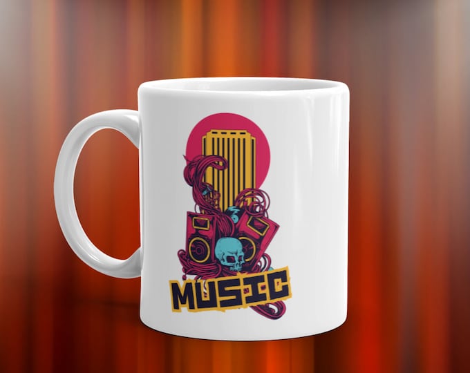 Graffiti Skull Music Mug – Urban Street Art Coffee Cup for Musicians, DJs, Rock Fans, and Audio Addicts