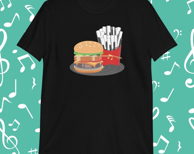 Funny Music Burger and Fries T-Shirt | Band Foodie Gift | Music Vinyl Cheeseburger Tee | Gildan 64000 Unisex T-Shirt