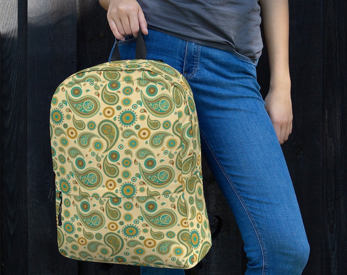 Retro Paisley Backpack – Teal and Mustard Print Bookbag, Vintage Style Daypack for School, Teachers, or Travel