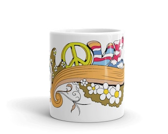 Groovy Peace and Love Mug – Retro 70s Music Lover Gift with Floral Swirl Design