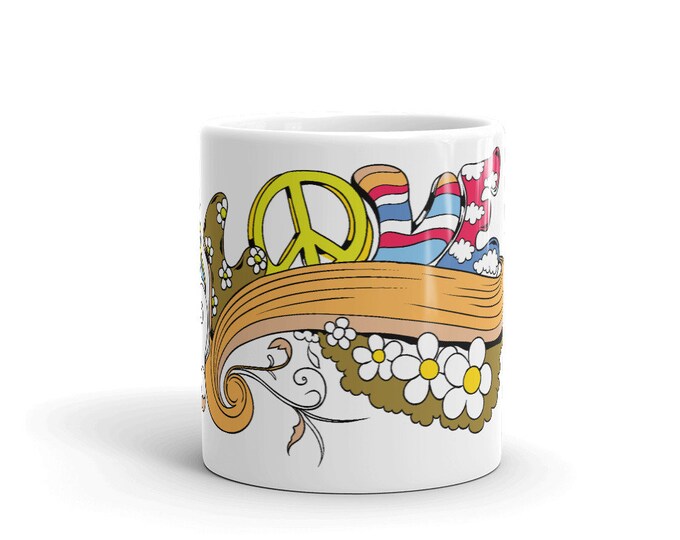 Groovy Peace and Love Mug – Retro 70s Music Lover Gift with Floral Swirl Design