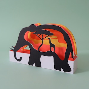Tarjeta SAFARI 3D svg, Regalo para el nuevo hogar, Artesanía de papel, Tarjetas de plantas emergentes, Tarjetas de felicitación africanas al atardecer, Archivo de corte digital