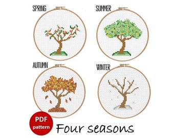 Patrón de punto de cruz de las 4 estaciones, decoración del hogar, árbol, conjunto de 4 estaciones, otoño, invierno, primavera, verano, patrón de árbol en PDF, descarga instantánea