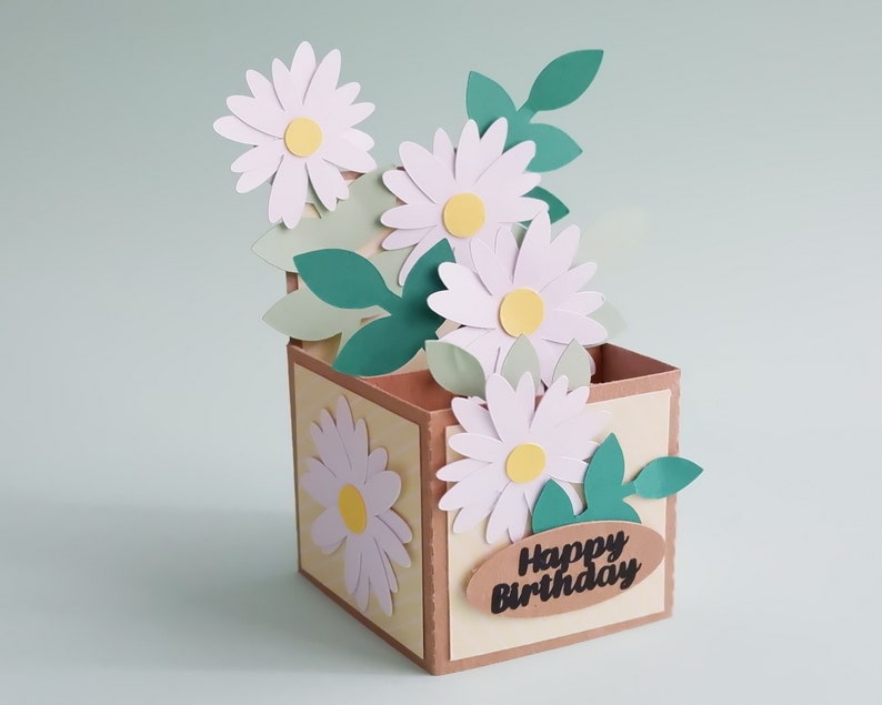 May include: A brown paper box with a pop-up card design featuring white daisies and green leaves. The box has a "Happy Birthday" message on the front.