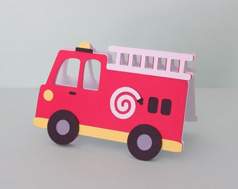 May include: Red and yellow fire truck card with a white ladder and a black hose. The truck has a white spiral on the side and black windows.
