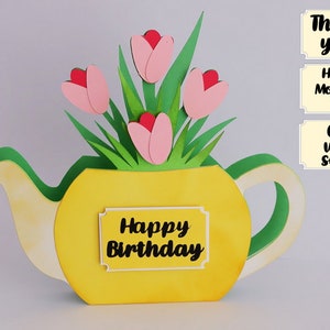 Theepot en bloemen kaart SVG, Theepot met bloemen sjabloon, Bloemenkaart, theepot kaart, Verjaardagskaart, Bedankkaart, digitale download