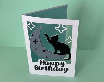 Cat Birthday Card SVG for Cricut, Moon Cat Greeting Card Template, Cute Cat Lover Birthday Card, Papercut Style SVG File