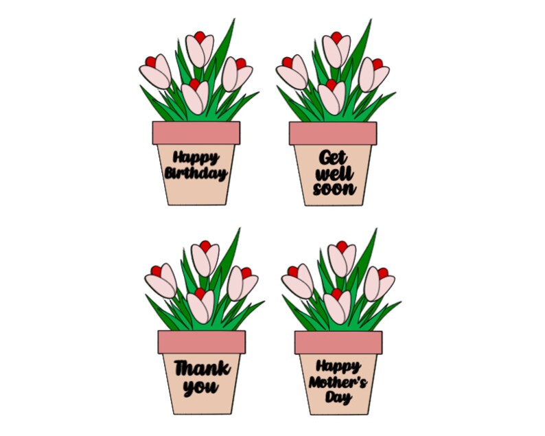 K&ouml;nnte beinhalten: Vier Topfpflanzen mit rosa Bl&uuml;ten und gr&uuml;nen Bl&auml;ttern. Jeder Topf hat eine andere Botschaft: "Happy Birthday", "Gute Besserung", "Danke" und "Happy Mother's Day".