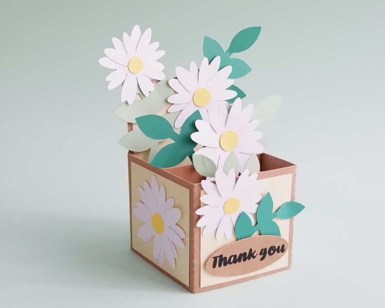 May include: A brown paper box with a pop-up card design featuring white daisies and green leaves. The box has a "Thank you" message on the front.