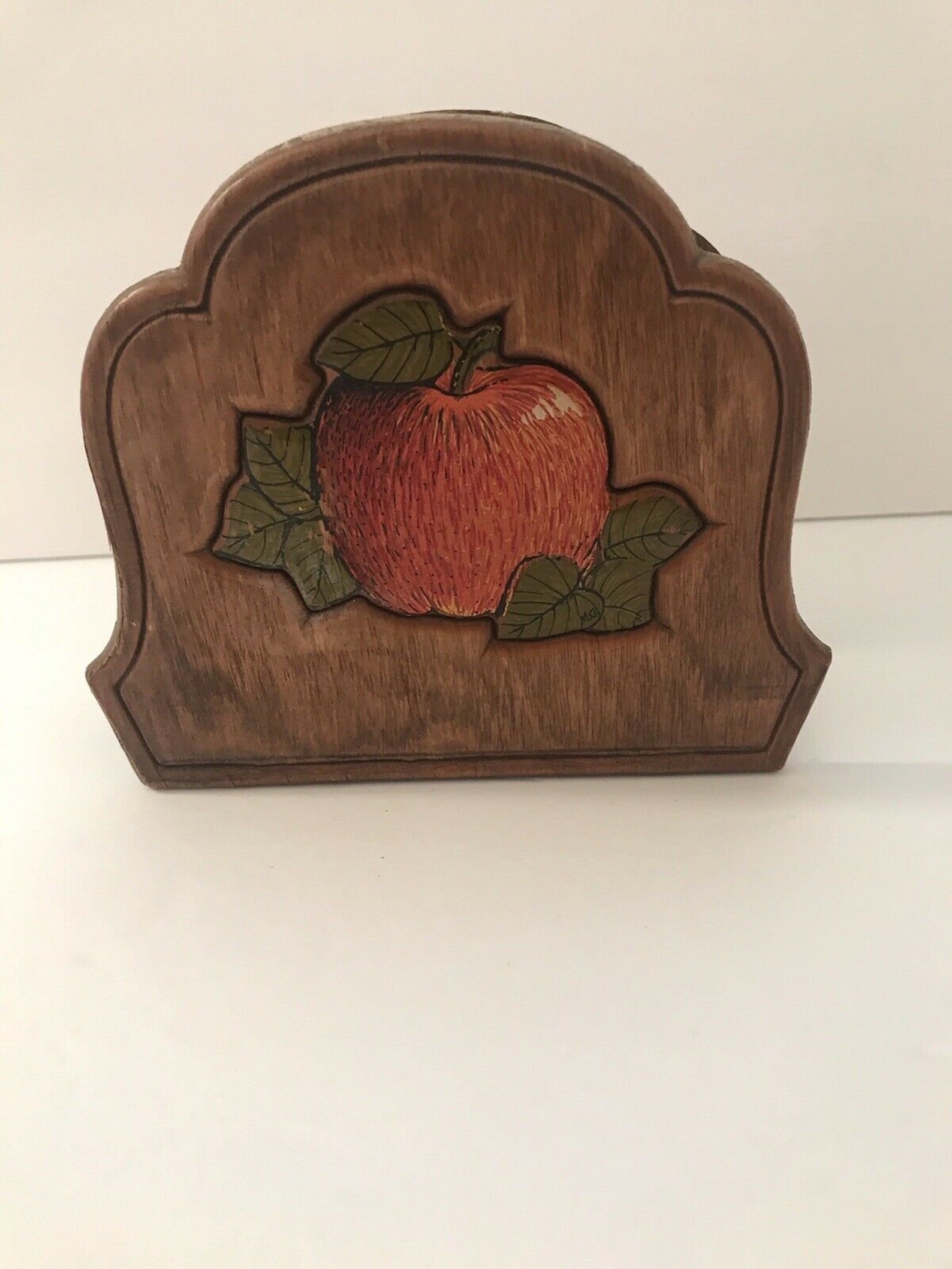 1 Wooden Napkin Holder With Apple Carved Painted on Front Vintage