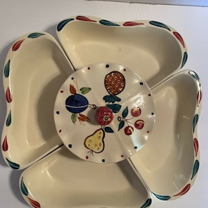 1 VTG Ceramic Lazy Susan Fruit Design Lidded Center 4 Surrounding Bowls Made n USA
