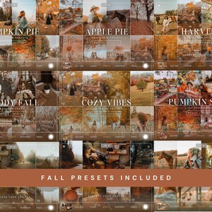 May include: A digital collection of Lightroom presets featuring autumn-themed photography. The image displays a grid of fall scenes including pumpkins, foliage, and outdoor settings with text overlays reading PUMPKIN PIE, APPLE PIE, HARVEST, MOODY FALL, COZY VIBES, PUMPKIN SPICE, and FALL PRESETS INCLUDED.