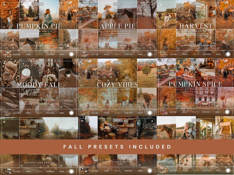 May include: A digital collection of Lightroom presets featuring autumn-themed photography. The image displays a grid of fall scenes including pumpkins, foliage, and outdoor settings with text overlays reading PUMPKIN PIE, APPLE PIE, HARVEST, MOODY FALL, COZY VIBES, PUMPKIN SPICE, and FALL PRESETS INCLUDED.