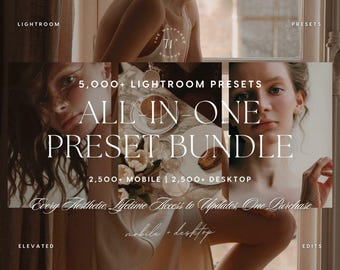 May include: A digital product advertisement for 5,000+ Lightroom Presets, All-In-One Preset Bundle, 2,500+ Mobile | 2,500+ Desktop. The graphic features three panels showing portraits and a table setting with text overlays including Every Aesthetic, Lifetime Access to Updates, One Purchase, Elevated, and Edits.