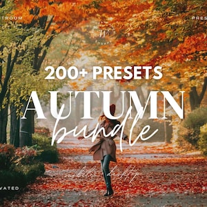 May include: A woman walks down a path lined with trees with vibrant fall foliage. The text "200+ PRESETS AUTUMN bundle" is superimposed on the image.