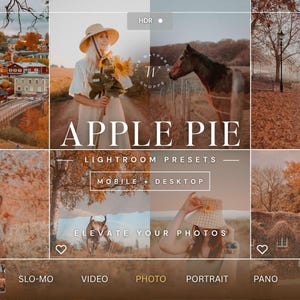 May include: A digital collage of autumn-themed photographs featuring a town, a person in a straw hat with sunflowers, a horse, a forest path, a child, a dog, and a cottage. Text overlays include APPLE PIE, LIGHTROOM PRESETS, MOBILE + DESKTOP.