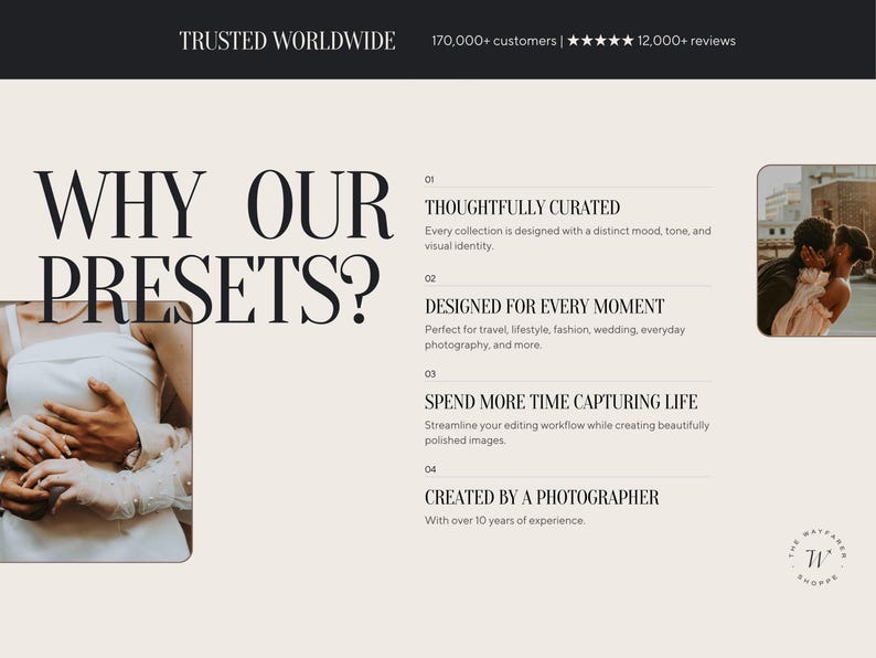 May include: A webpage with the text "WHY OUR PRESETS?" and details about photo editing presets. The page includes the text "TRUSTED WORLDWIDE" and customer reviews. There is a photo of a couple kissing and a photo of a person's hands.
