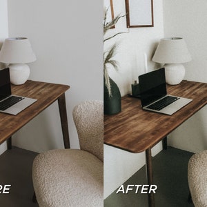 May include: A wooden desk with a laptop, lamp, and decorative vase. The desk is in a corner with a chair. The image has the text "BEFORE" and "AFTER" at the bottom, showing a before and after photo editing comparison.