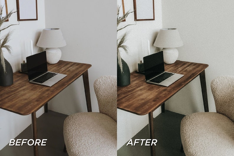May include: A wooden desk with a laptop, lamp, and decorative vase. The desk is in a corner with a chair. The image has the text "BEFORE" and "AFTER" at the bottom, showing a before and after photo editing comparison.