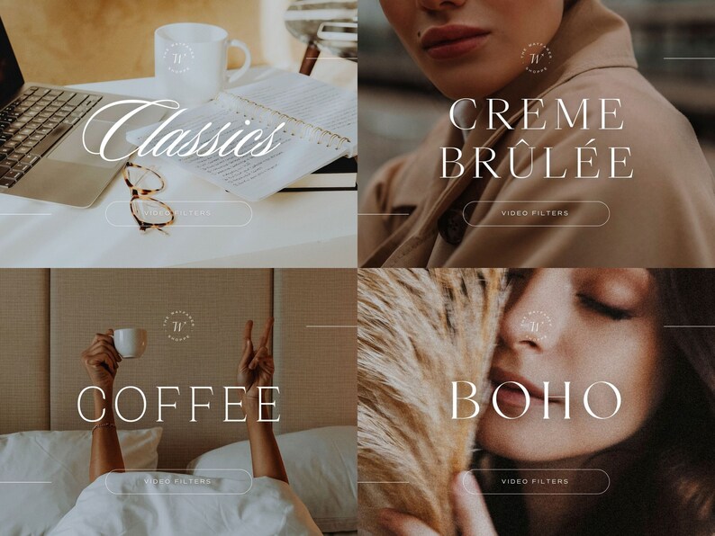 May include: Four different video filter sets for Instagram, each with a different theme: Classics, Creme Brulee, Coffee, and Boho. Each filter set is displayed with a photo and the text "VIDEO FILTERS" below.