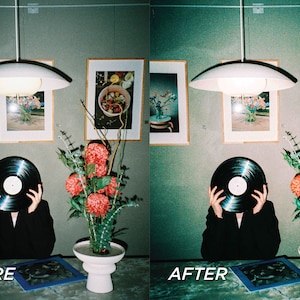 May include: A person holding a black vinyl record in front of their face, with the text "BEFORE" and "AFTER" at the bottom. The image is a comparison of the before and after effects of a photo. A vase of flowers is on the table.