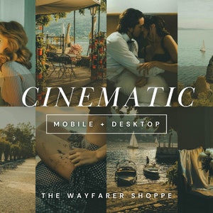 May include: A collection of scenic photographs with a cinematic style. The images feature a woman, a couple, a lake with a sailboat, and outdoor scenes. Text overlays read "CINEMATIC" and "MOBILE + DESKTOP".