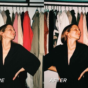 May include: A woman in a black top stands in front of a rack of clothing. The image is split, with "BEFORE" text on the left and "AFTER" on the right. The clothing rack holds various garments in different colors.