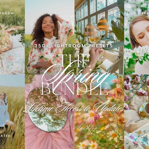Peut inclure: Une collection numérique intitulée 250+ LIGHTROOM PRESETS THE SPRING BUNDLE Lifetime Access to Updates présentant un collage de six photographies montrant des scènes en extérieur, des motifs floraux, une personne dans un champ et une tasse.