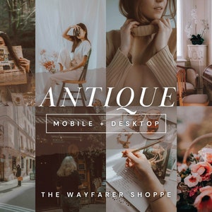 May include: A collage of images with a vintage aesthetic. The word "ANTIQUE" is displayed in large, elegant font. Additional text includes "MOBILE + DESKTOP" and "THE WAYFARER SHOPPE". The images feature people, architecture, and floral arrangements.